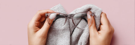 Two hands hold a soft cloth while cleaning clear eyeglasses against a light pink background in bright daylight.の素材
