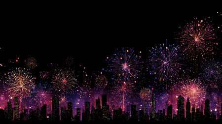 Fireworks light up the night sky over a city skyline, showcasing an array of colors and patterns during an evening celebration.の素材