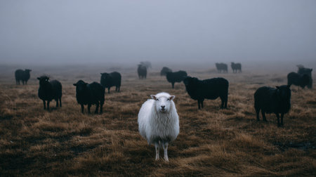 In a tranquil setting, a white sheep stands out in foggy weather, surrounded by black sheep in a vast grassy field.の素材