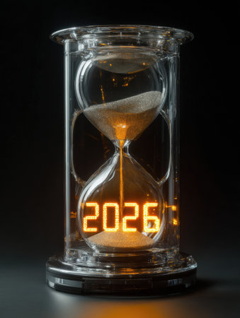 An hourglass filled with sand shows the year 2026 in illuminated numbers, set against a dark background, symbolizing times passage.の素材