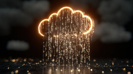 A glowing cloud icon releases sparkling droplets, creating a captivating visual against a dark backdrop, evoking a sense of wonder.の素材
