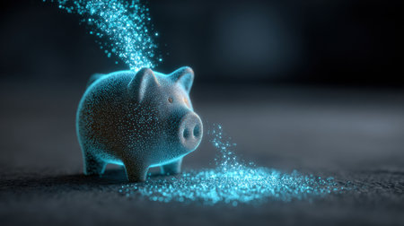 Glowing particles pour from a piggy bank in a dark environment, representing the concept of saving and financial prosperity.の素材