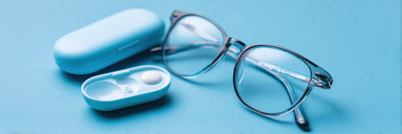 A pair of stylish eyeglasses alongside a contact lens case on a vivid blue background, showing everyday eyewear essentials.の素材
