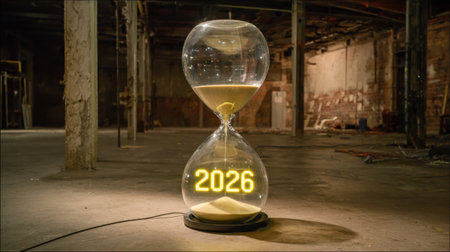 A large hourglass stands in an empty warehouse, filled with sand and glowing numbers showing 2026, casting a striking ambiance.の素材