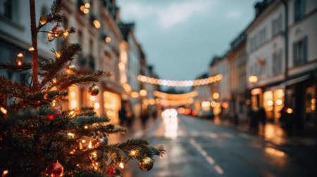 A bustling street during the holiday season, featuring a decorated Christmas tree and glowing lights as dusk falls.の素材