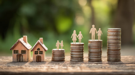 Model houses and figures stand on stacks of coins, symbolizing the relationship between family planning and financial growth in investments.の素材