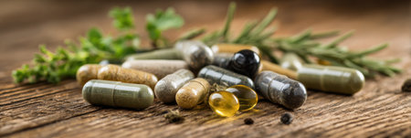 Herbal supplements and vitamins are spread out on a wooden table, accompanied by fresh herbs, showing natural wellness options.の素材