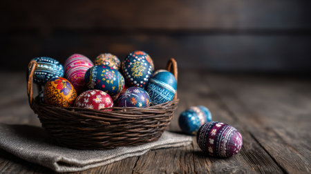 Beautifully crafted eggs in vibrant colors resting in a woven basket atop a rustic table, perfect for Easter festivities.の素材