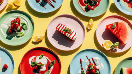 A vivid arrangement of various desserts on colorful plates features fruits and garnishes, creating an inviting summer treat scene.の素材