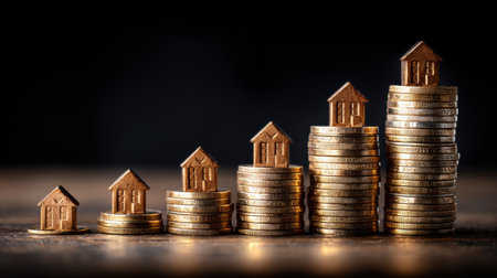 Stacked coins display the increasing value of real estate represented by small house models, set against a dark background.の素材
