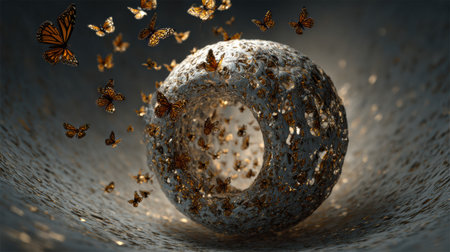 Butterflies elegantly surround a detailed orb, creating a captivating display of nature and creativity in a dreamlike atmosphere.の素材