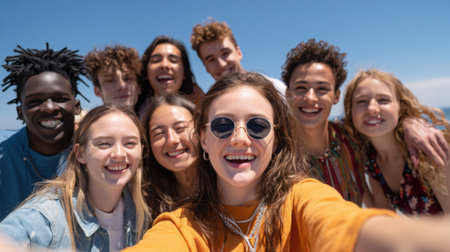 Friends enjoy a sunny day together, capturing joyful moments during their outing by the coast with smiles and laughter.の素材