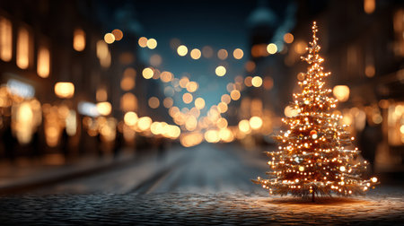 A stunning Christmas tree stands on a lively city street, illuminated by glowing lights in a festive holiday atmosphere at night.の素材