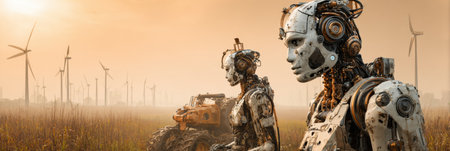 Two robotic figures are featured in a field surrounded by wind turbines, with a tractor visible in the background during a foggy evening.の素材