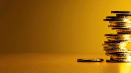 Coins are stacked in a neat arrangement, illuminated by warm yellow light, creating a feeling of wealth and abundance.の素材
