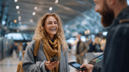 Traveler joyfully engages with airport personnel while preparing for her journey at a busy terminalの素材
