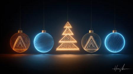 Glowing Christmas ornaments with geometric designs and a bright tree in the middle create a festive and cheerful atmosphere.の素材