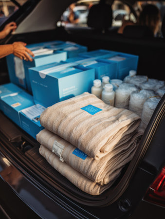 Boxes of supplies and neatly folded towels fill the trunk while someone prepares for a community event on a bright day.の素材