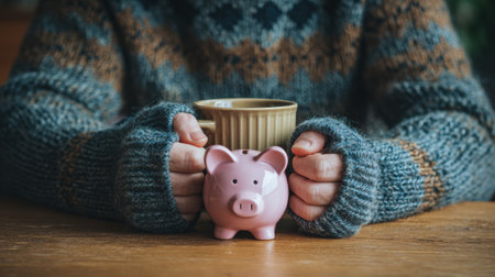 A person in a knitted sweater holds a warm mug beside a pink piggy bank on a wooden table during a cozy indoor moment.の素材