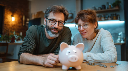 Couple enjoys an evening at home, intently adding coins to a piggy bank while discussing financial savings and future plans.の素材