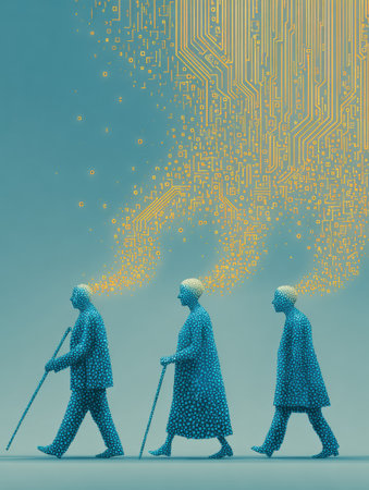 Three elderly figures walk with canes, digital patterns rising from their heads against a surreal backdrop, blending technology and aging.の素材