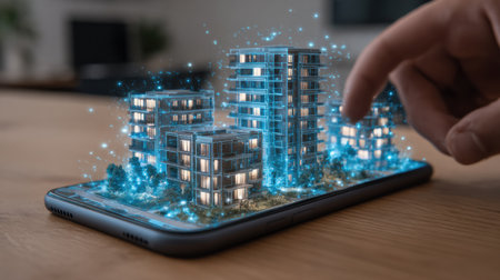 A hand interacts with a smartphone displaying vibrant 3D buildings, showing advanced digital technology in an urban environment.の素材
