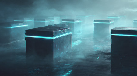 In a foggy landscape at dusk, glowing structures emerge, creating an eerie yet captivating atmosphere that hints at a futuristic world.の素材