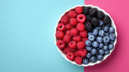 A round bowl displays an assortment of vibrant raspberries, blackberries, and blueberries against contrasting pastel backgrounds.の素材