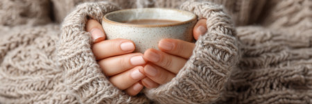 Hands wrapped around a warm cup release steam, creating a cozy atmosphere in a soft knitted sweater during a cold day.の素材