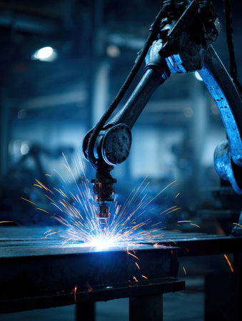 A robotic arm is engaged in welding, producing bright sparks in a dimly lit factory environment.の素材