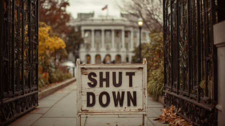 A sign reading shut down stands prominently in front of a grand historical building surrounded by fall leaves and a cloudy sky.の素材