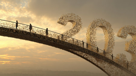 Figures traverse a bridge shaped like the number 2023 against a stunning sunset, symbolizing progress and new beginnings.の素材