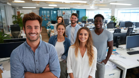 A cheerful group of diverse colleagues stands together in a bright, modern office, enjoying the camaraderie during their workday.の素材