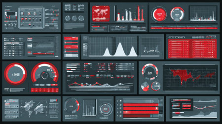 Collection of analytical dashboards showing metrics, graphs, and data visualizations in a dark theme with red accents.の素材