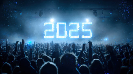 Excited crowd of people celebrating as they countdown to New Year 2025 with lights and sounds at a lively festival atmosphere.の素材