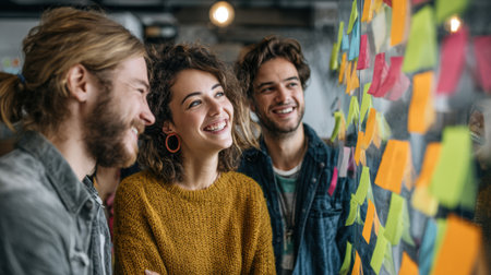 Friends share a joyful moment while discussing ideas displayed on vibrant sticky notes in a collaborative environment.の素材