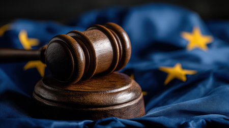 A wooden gavel is placed on a flag of the European Union, representing justice, law, and governance in Europe.の素材
