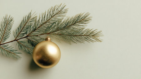 A golden round ornament dangles from a vibrant pine branch, creating a warm holiday atmosphere with a soft background.の素材