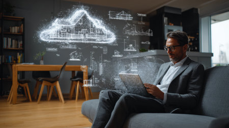 Man in formal attire sits on sofa, focused on laptop while architectural sketches float in the air around him, showcasing creativity.の素材