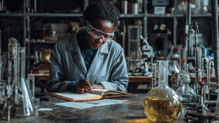 Researcher in a lab is focused on writing notes while surrounded by glassware filled with colorful liquids and equipment.の素材