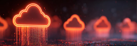 Vibrant neon cloud icons with digital rain create a striking visual display in a dark environment, evoking a sense of technology.の素材