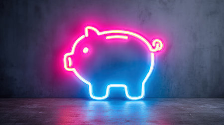 Bright neon pink and blue piggy bank lights shine against a textured wall, creating an eye-catching display in a trendy space.の素材