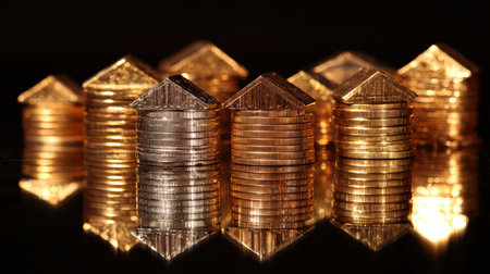 Shiny gold and silver coins are stacked in house shapes, reflecting beautifully on a smooth dark surface, creating an artistic effect.の素材