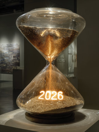 A unique hourglass sculpture showcases the year 2026 as golden sand flows within a sleek glass design in an art gallery setting.の素材