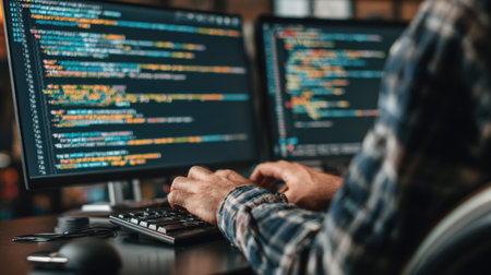Person focused on writing computer code on two screens in a contemporary office setup, showing productivity and creativity.の素材