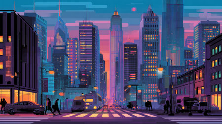 City skyline illuminated by twilight colors, busy streets with pedestrians and vehicles, creating a lively urban atmosphere.の素材