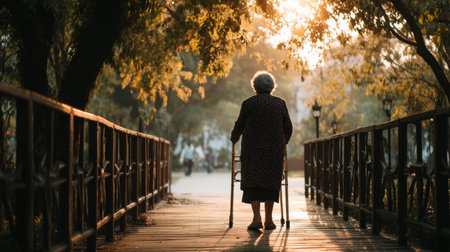 An elderly woman strolls along a peaceful path in a park, using a walker as sunlight filters through the trees at sunset.の素材