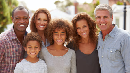 A joyful family poses outdoors under the sun, showcasing a warm bond and smiles as they enjoy their time together.の素材
