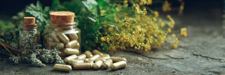A collection of herbal capsules surrounded by fresh green herbs and dried flowers on a rustic wooden table.の素材
