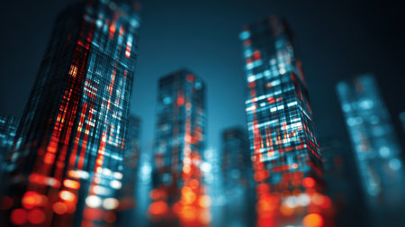 Colorful lights reflect off modern skyscrapers in a bustling urban environment during nighttime, creating a captivating atmosphere.の素材